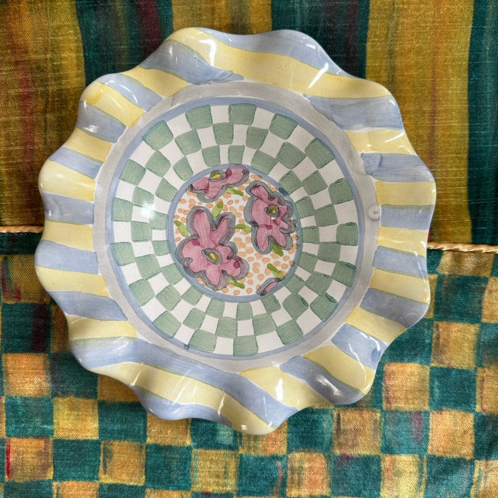 MacKenzie-Childs Yellow and blue Myrtle salad Plate  Ruffled Edge 7.5”